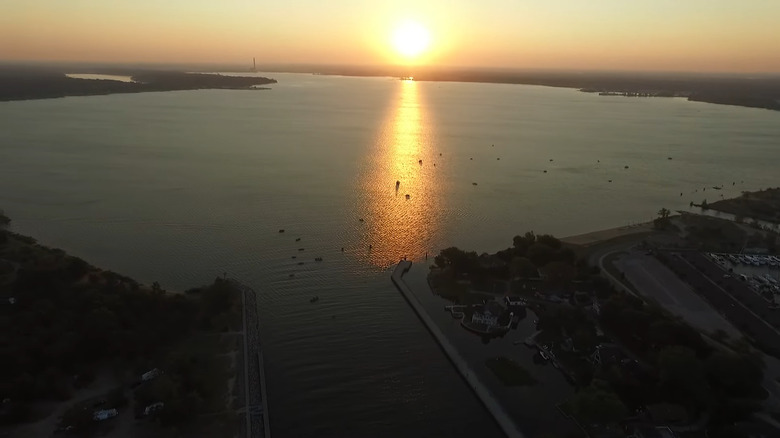 Aerial view of sunset over Muskegon Lake