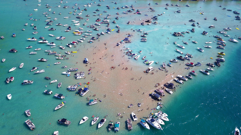 Boats gathered around the Torch Lake sandbar in Michigan
