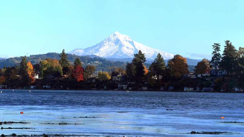 Blue Lake Regional Park in Fairview, Oregon, with trees lining the shore and the snow-capped Mount Hood in the background