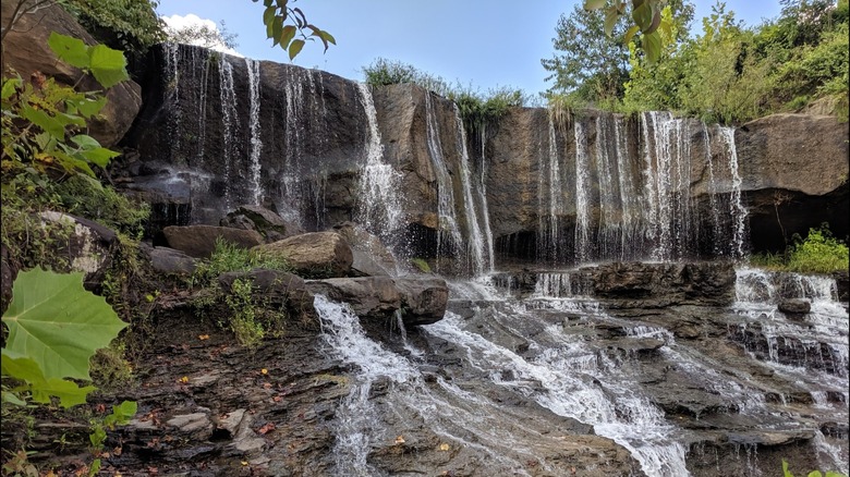 Water trickling down rock formations at Forked Run State Park, Ohio