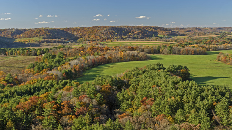 View of fall colors over Kickapoo Valley, Wisconsin