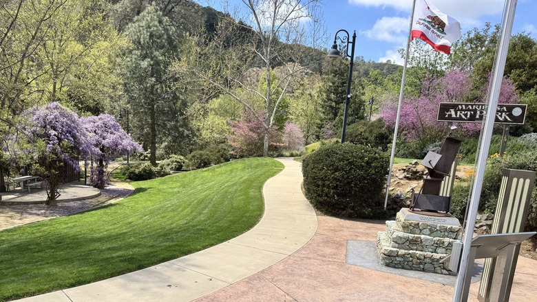 Flowering trees and a California state flag at the Mariposa County Arts Park in Mariposa, California