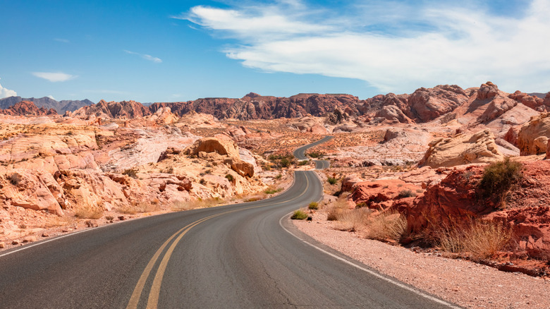 Winding road in Nevada stretching into the distance with red, rocky terrain on either side and a mountain ahead