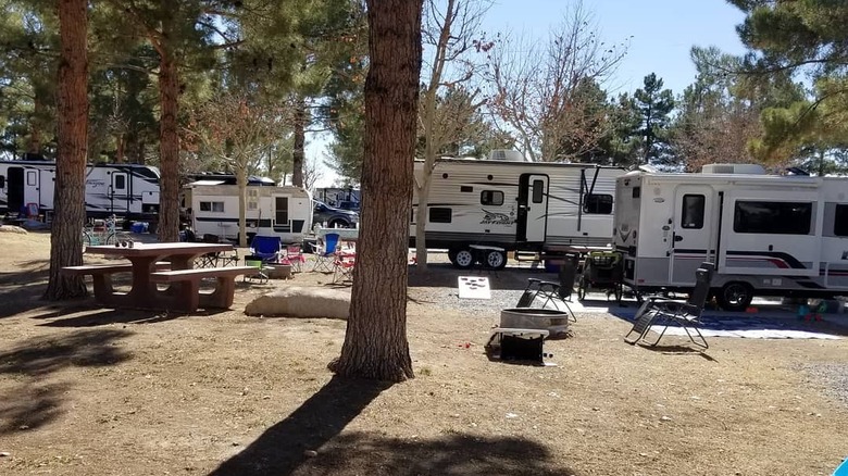 RVs, trees, and a picnic table at Lakeside Casino & RV Park in Pahrump, Nevada