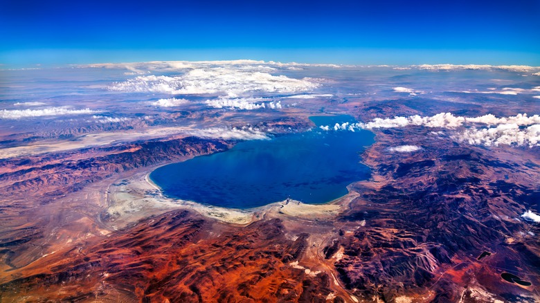 Aerial shot of Pyramid Lake Nevada with clouds and horizon