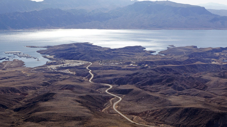 Aerial view of road and shores surrounding Lake Mead