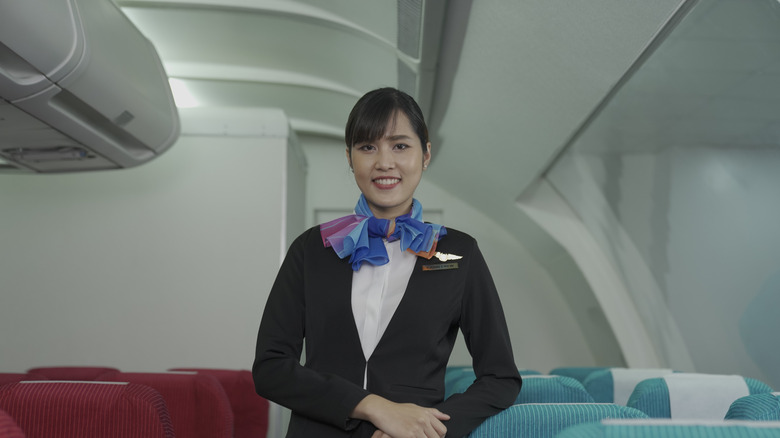 Smiling flight attendant on a plane