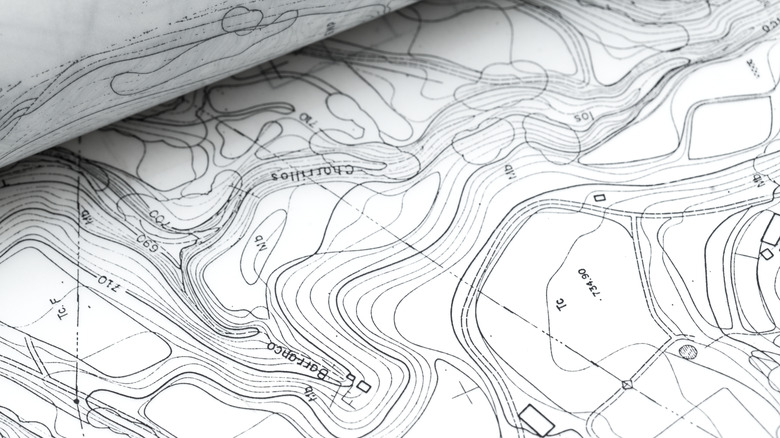 Contour lines indicate elevation on a classic topographical map