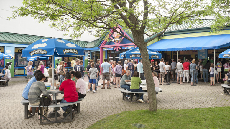 A crowd of people lined up at Ben & Jerry's in Waterbury