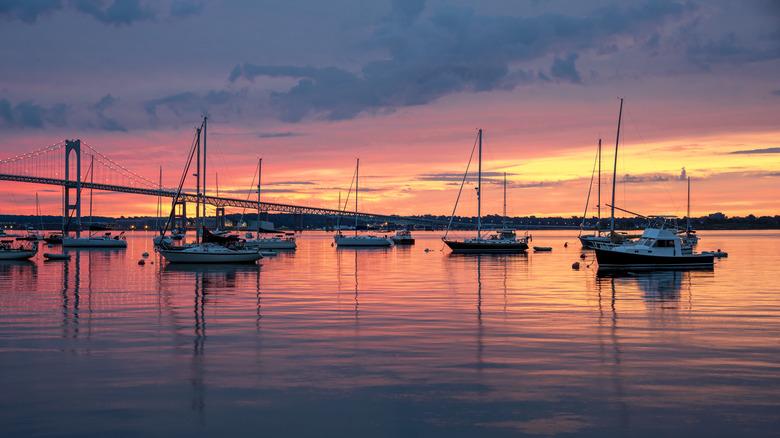 Yachts in Newport harbor at sunset