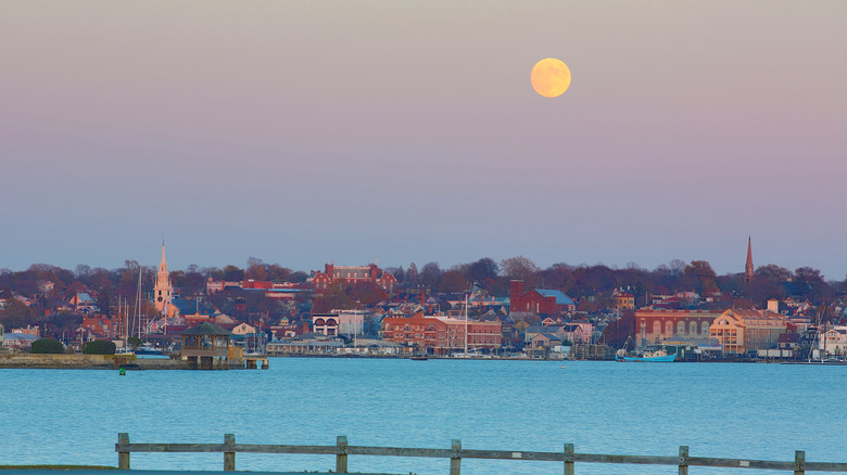 Full moon over Newport, Rhode Island shoreline
