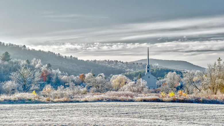 A snow covered church in the village of Stowe