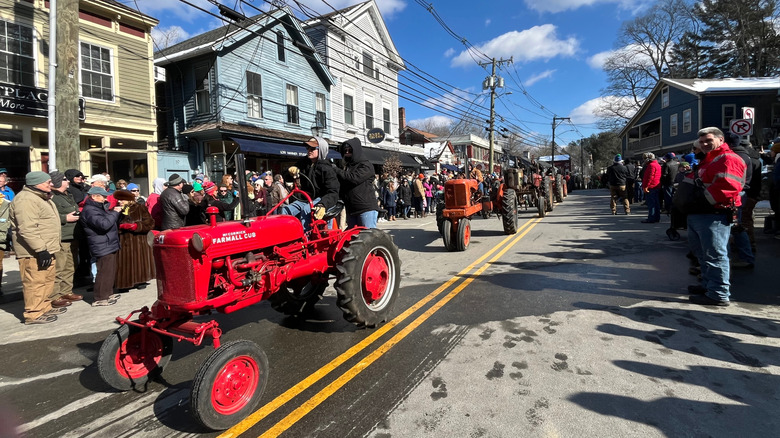 Tractor passing through the small town of Chester, CT
