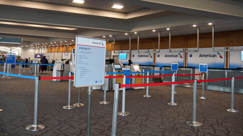 Check-in counters at Rhode Island T.F. Green International Airport, in Warwick, Rhode Island.