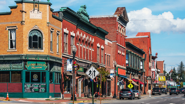 Historic main street in Skowhegan with brick buildings