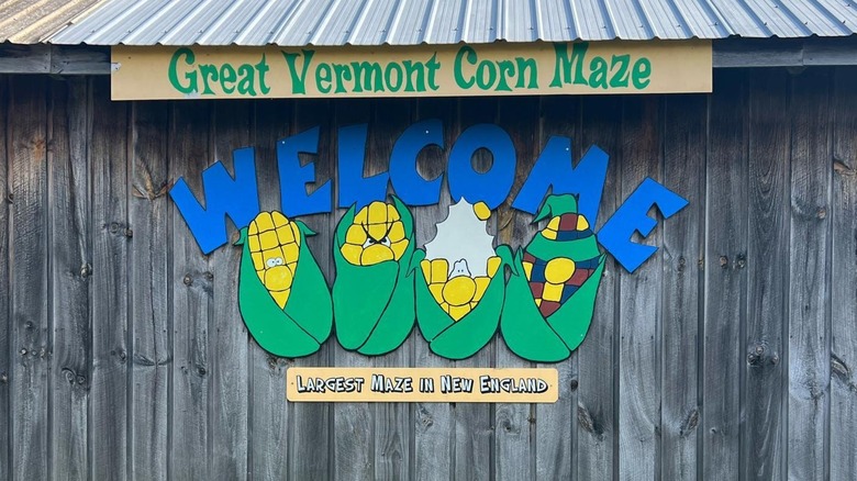 Great Vermont Corn Maze welcome sign on wooden building