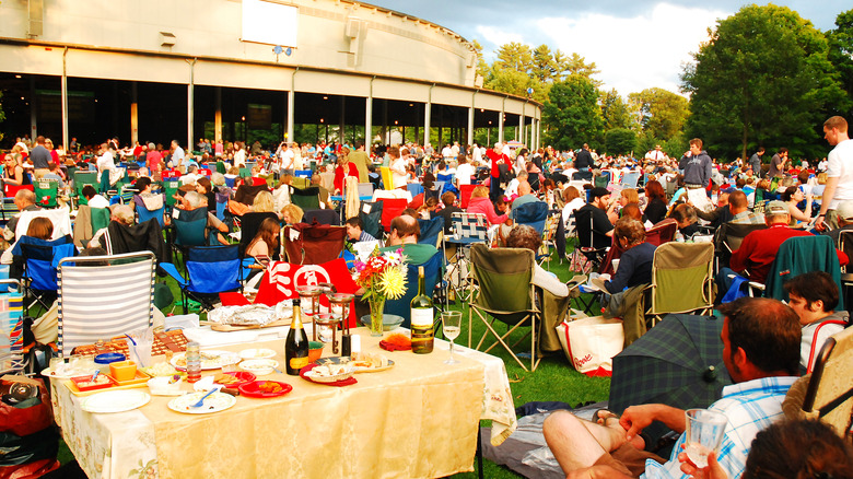 Concert goers outside the Koussevitzky Music Shed at Tanglewood