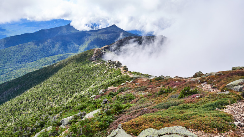 The Franconia Ridge blocks clouds from crossing west, on the Pemigewasset Loop, New Hampshire