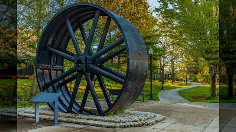 Flywheel monument at Holyoke Heritage State Park in Massachusetts