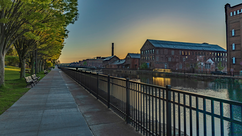 Walkway along the canal at Holyoke Heritage State Park, Massachusetts during sunset