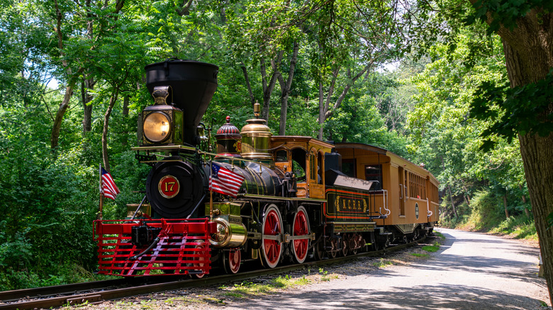 The steam locomotive of the Northern Central Railway passing through the countryside