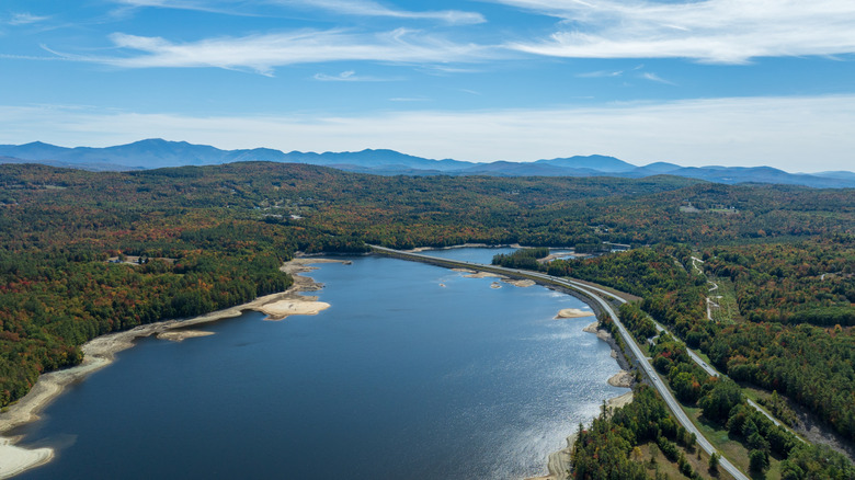 An aerial view of Moore Reservoir, along the Connecticut River, in between New Hampshire and Vermont
