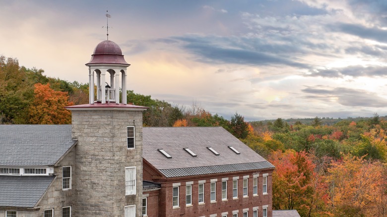 Old bell tower and preserved textile mill in Harrisville, New Hampshire