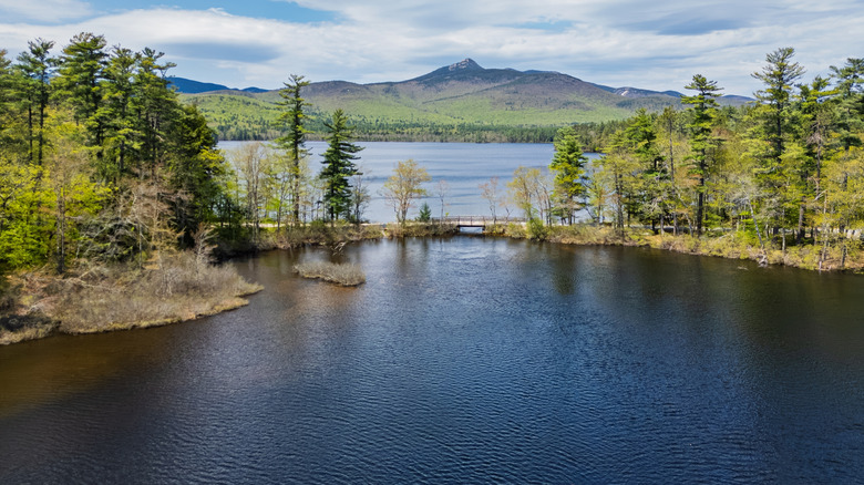Aerial view of Chocorua Lake, the Narrows Bridge, and the Chocorua Mountain