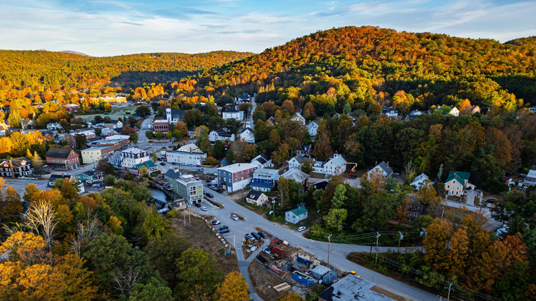 Aerial view of downtown Bristol, New Hampshire in early morning
