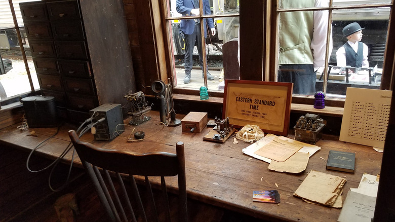 Table with artifacts at the Ashland Railroad Station Museum in Ashland, New Hampshire