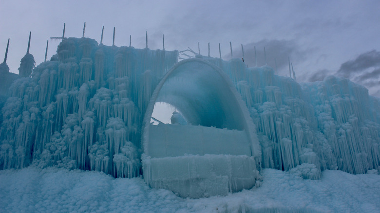 Fortress sculpted from ice at New Hampshire's Ice Castles