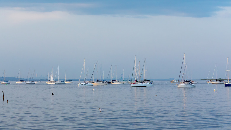Boats on the harbor in Keyport with New York City skyline in the background