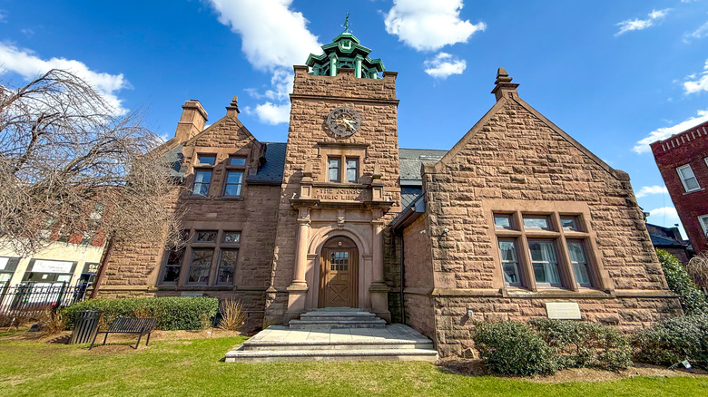 Hackensack's Johnson Public Library under blue sky