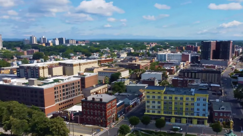 Aerial view of Downtown Hackensack under a blue sky