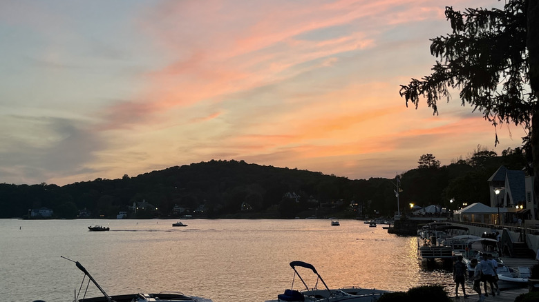 Sunset at boat-lined Tomahawk Lake in Sparta, New Jersey