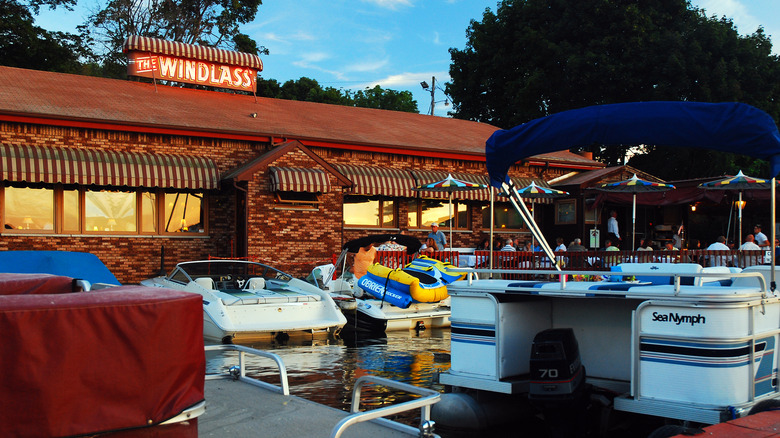 Boats are docked at dinner time at The Windlass, Lake Hopatcong, New Jersey