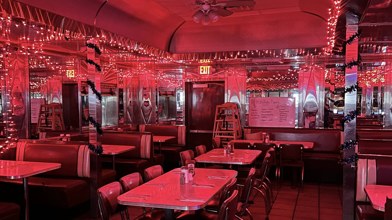 Interior of the Blairstown Diner lit up by red twinkle lights in Blairstown, NJ