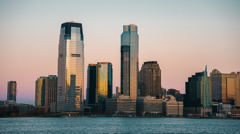 Jersey City's skyline at sunset