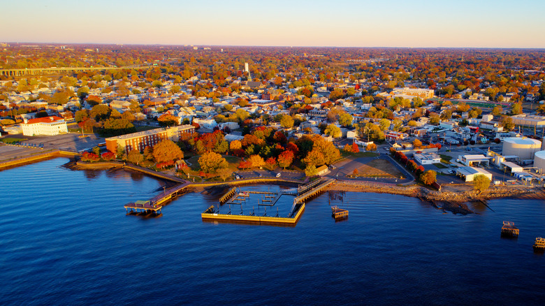 Aerial view of Proprietors Park in Gloucester City with its trees and piers on the Delaware River