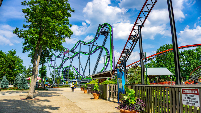 Rollercoasters at Six Flags Great Adventure in New Jersey on a summer day.