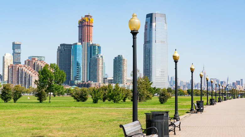 Skyline of Jersey City, NJ, and walking path at Liberty State Park