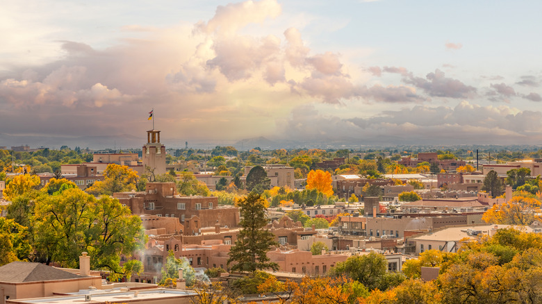 An aerial view of Santa Fe, New Mexico on a cloudy, autumn day