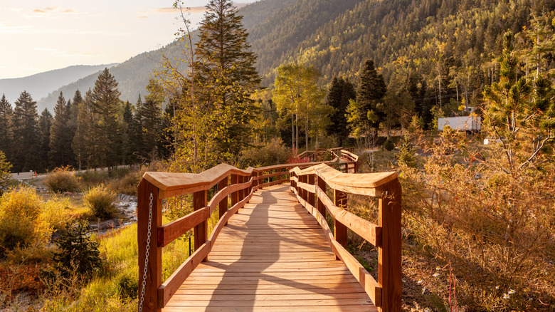 Boardwalk and mountains in Taos Ski Valley