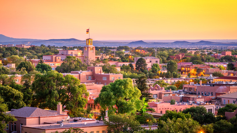 Aerial vview of buildings in Santa Fe at dusk