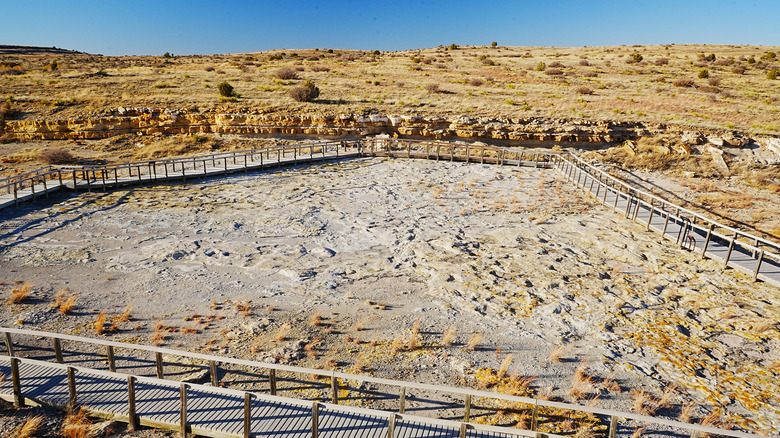 A wooden boardwalk extends over a dinosaur footprint trackway at Clayton Lake State Park, in New Mexico