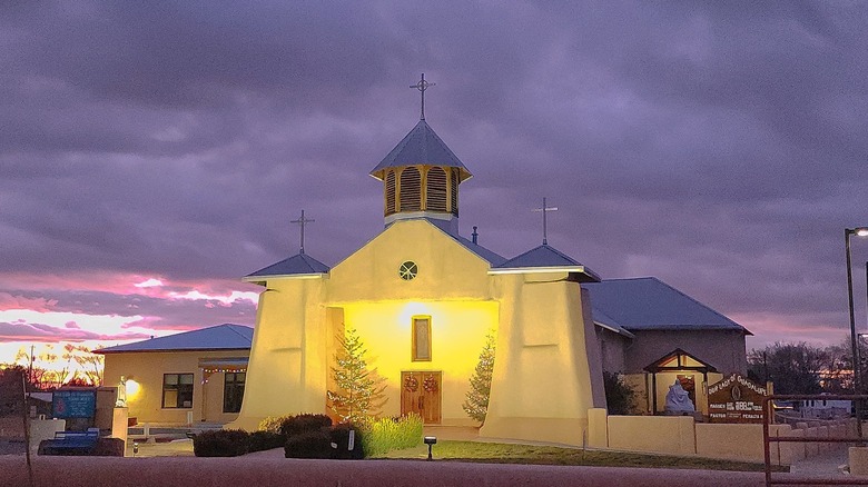 Sunset view of Our Lady of Guadalupe Catholic Church in Peralta, New Mexico