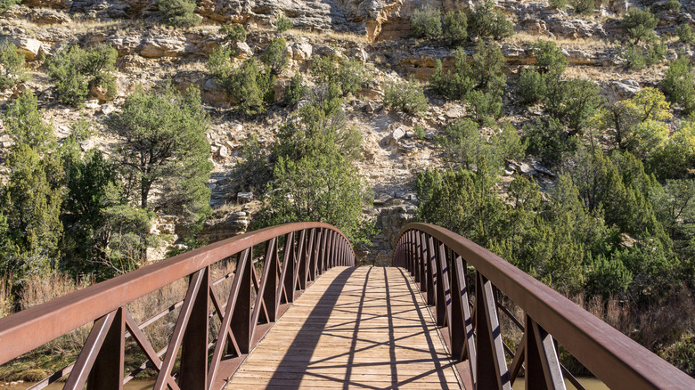 Hiking bridge crosses canyon at Villanueva State Park, Villanueva, NM
