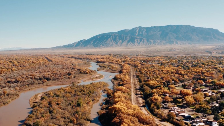 Aerial view of Los Ranchos de Albuquerque and the Rio Grande River