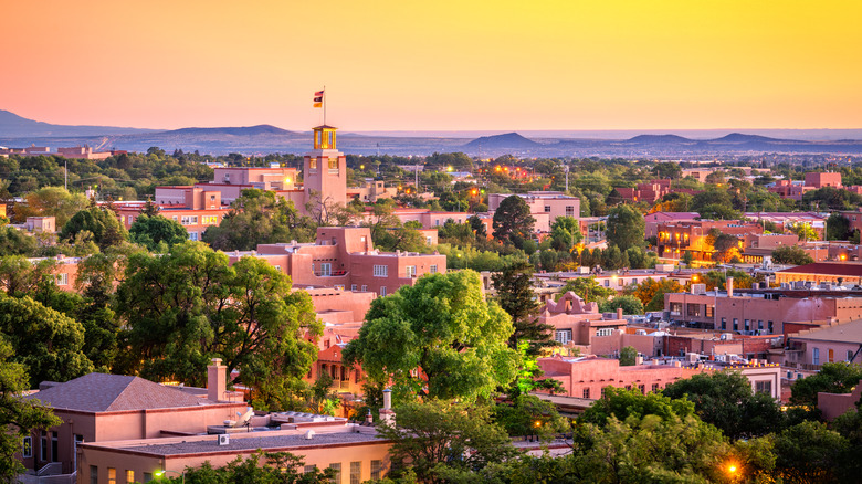 Santa Fe, New Mexico, USA downtown skyline at dusk.