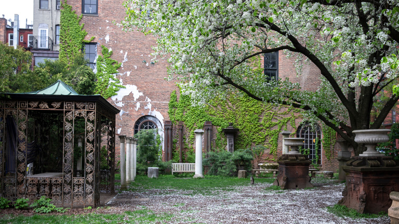 Ornamental columns and sculptures in New York's Elizabeth Street Garden